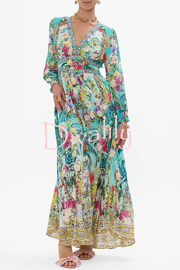 Fairy Tale Print V-Neck Lantern Sleeve Waist Maxi Dress