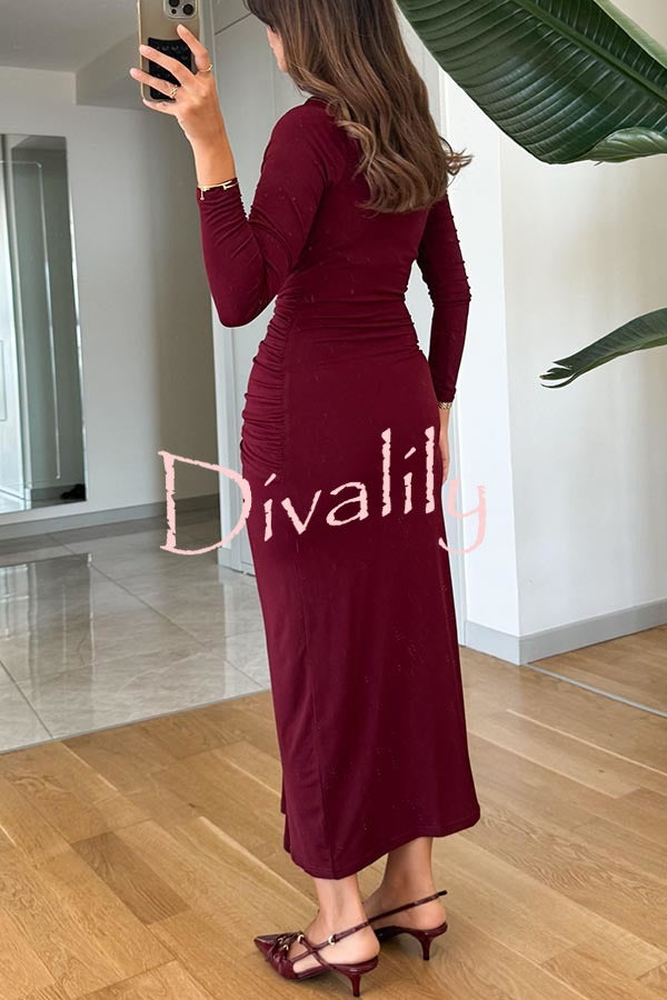 Path To Perfection Ruched Long Sleeve Drape Hem Stretch Maxi Dress