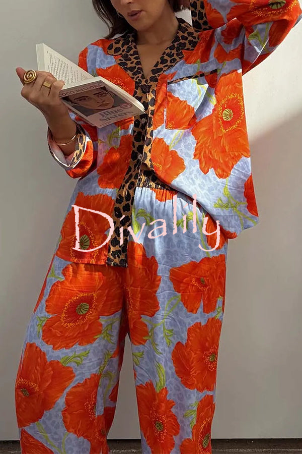 Color-block Poppy Leopard Print Trim Loose Shirt and Elastic Waist Pocketed Pajama Set