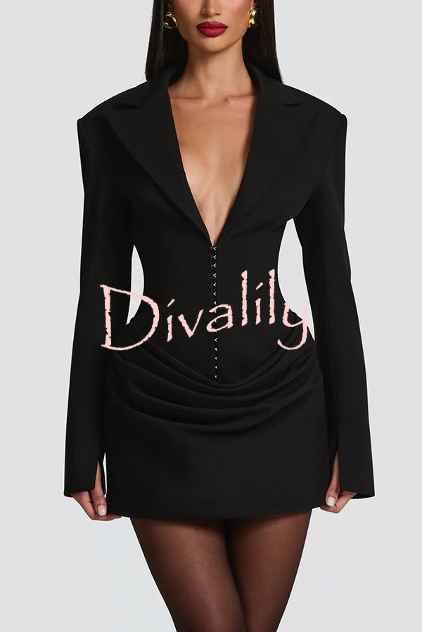 Solid Color Slim-fit V-neck Elegant Draped Formal Mini Dress