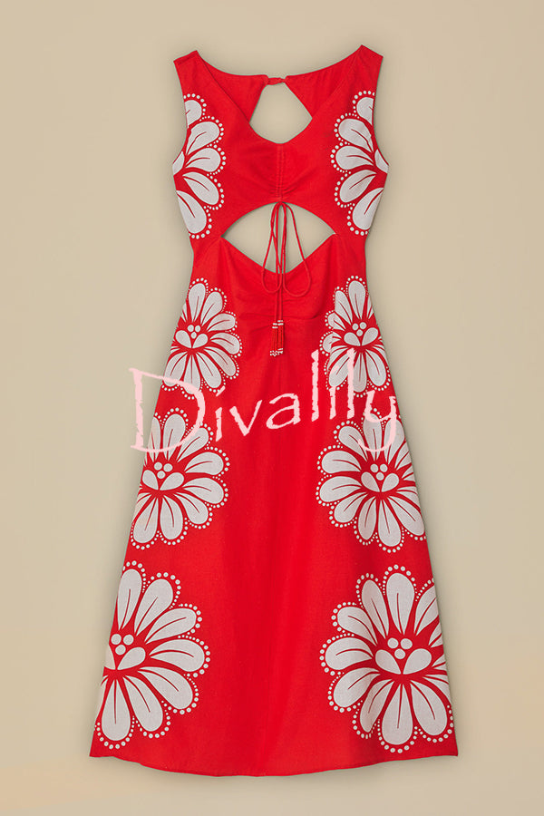 Summer Embrace Linen Blend Floral Print Drawstring Cutout Detail Midi Dress