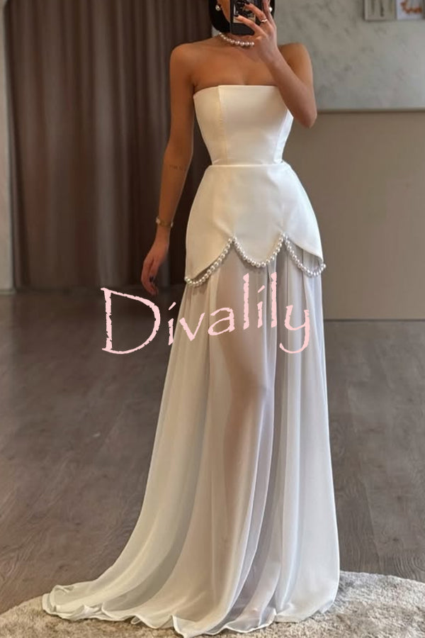 Jiya Satin Petal Hem Pearl Detail Chiffon Cape Strapless Maxi Dress