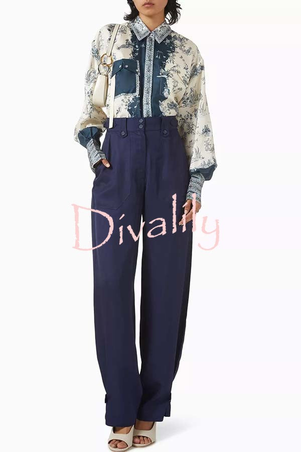 Bohemian Elegant Satin Contrast Color Unique Print Button Up Pocket Loose Blouse
