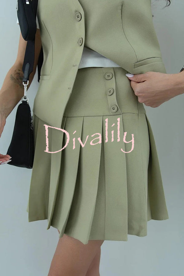 Solid Color Sleeveless Buttoned Vest and High-waisted Pleated Mini Skirt Set