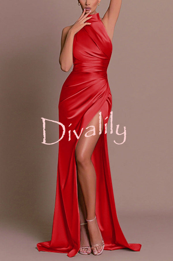 Satin Sexy Halter Neck Sleeveless High Slit Slim Maxi Dress