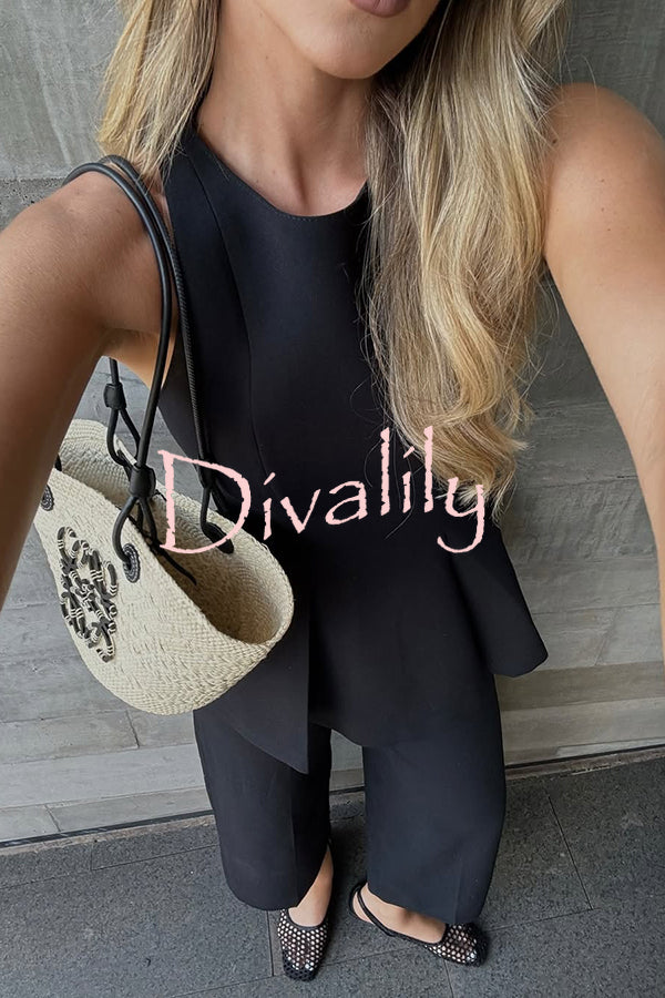 Solid Color Round Neck Sleeveless Casual Top and Loose Straight Pants Set