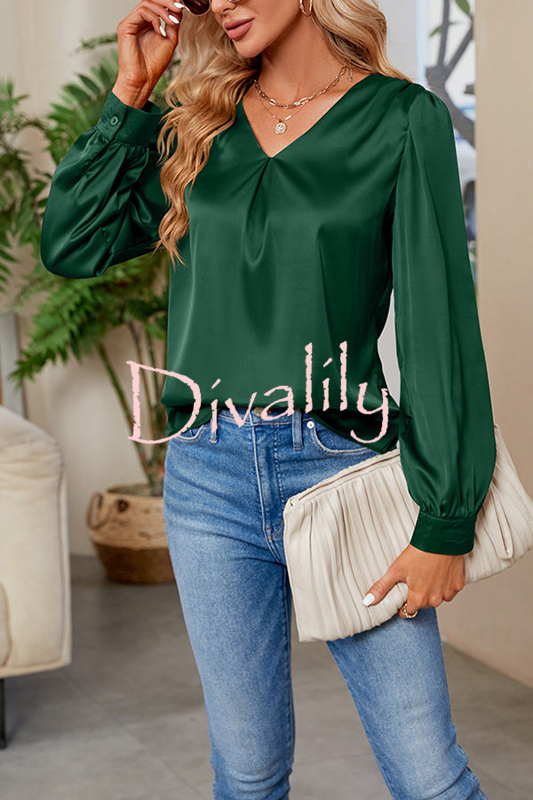 Satin Pleated V-neck Long-sleeved Loose Shirt