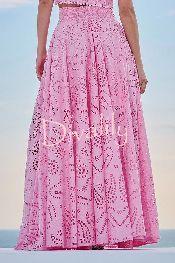 Paris Dreaming Embroidered Lace High Rise Elastic Waist Pocketed Maxi Skirt