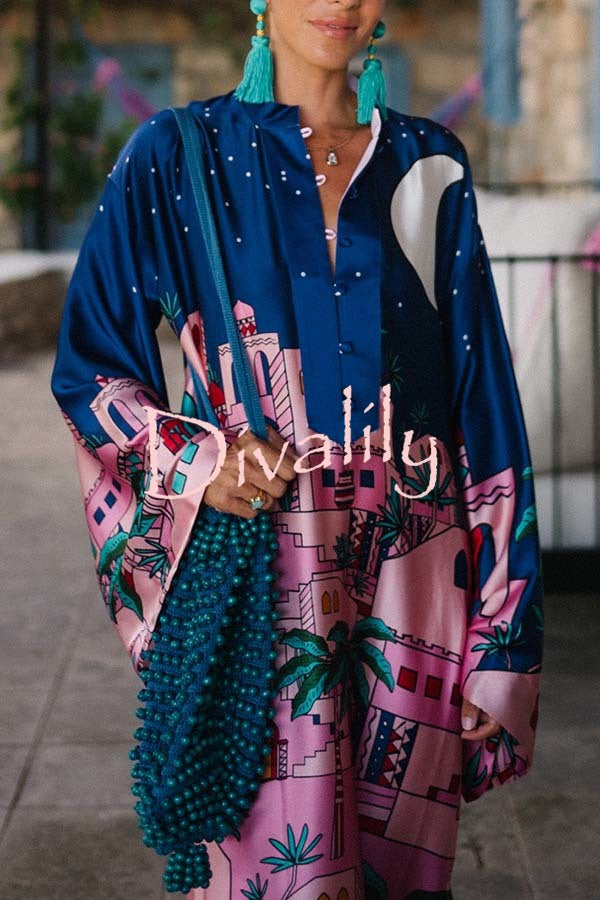 Seaside Stroll Satin Unique Print Button Up Long Sleeve Slit Kaftan Midi Dress