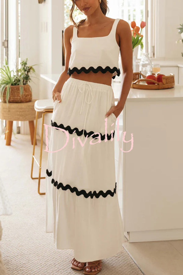 Napa Ric Rac Trims Sleeveless Crop Tank and Drawstring Elastic Waist Pocket Maxi Skirt