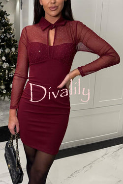 Sexy Energy Mesh Glitter Fabric Cutout Shirt Neck Long Sleeve Stretch Mini Dress