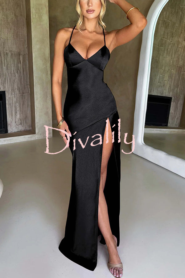 Satin Solid Color Sexy Backless Lace Up High Slit Maxi Dress