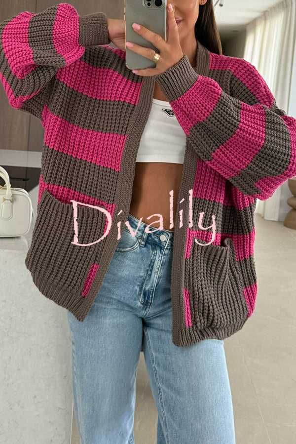 Fashionable Patchwork Striped Casual Pocket Knitted Sweater