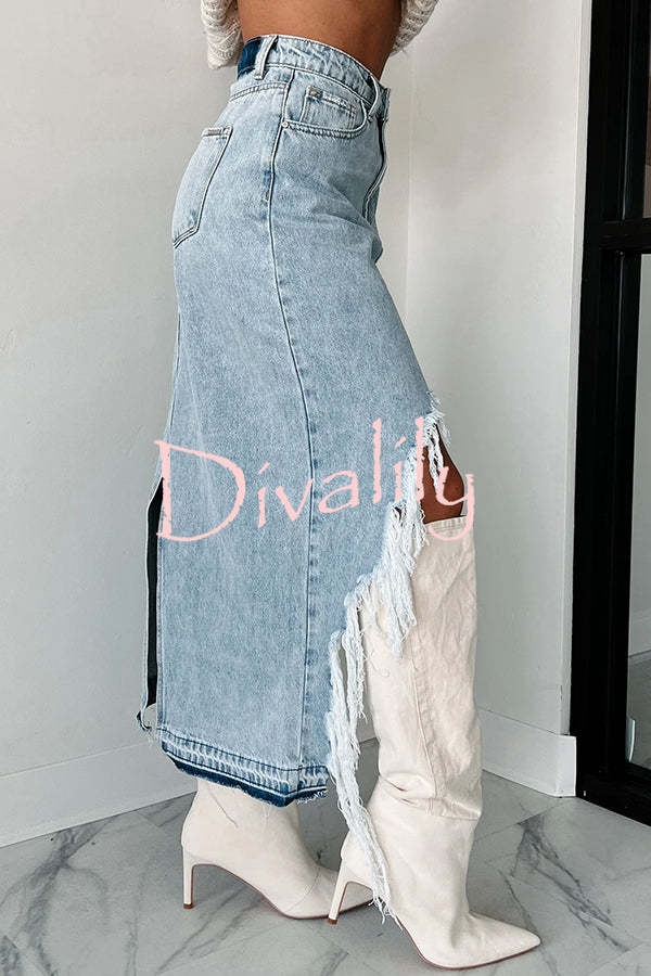 Darla Cutting Ties Heavily Distressed Denim Maxi Skirt