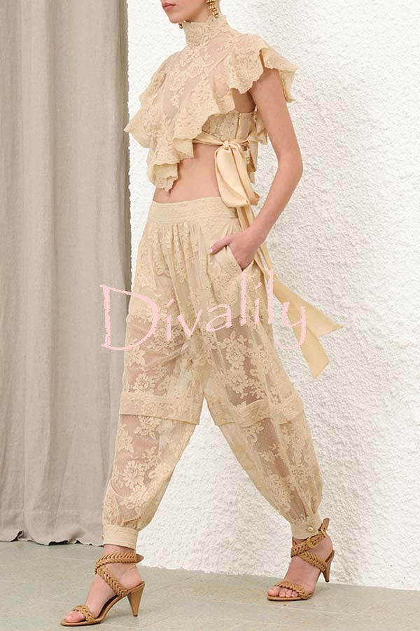 Ellie Lace Gathered Waist Pocket Button Ankle Cuffs Harem Pant