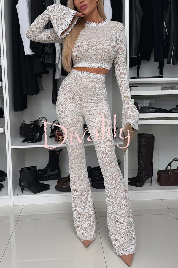 Sexy Charming Lace Bell Sleeve Crop Stretch Top and High Waist Stretch Flared Pants