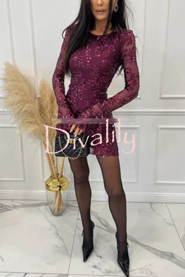 Deep and Dazzling Floral Texture Sequin Long Bell Sleeve Open Back Mini Dress