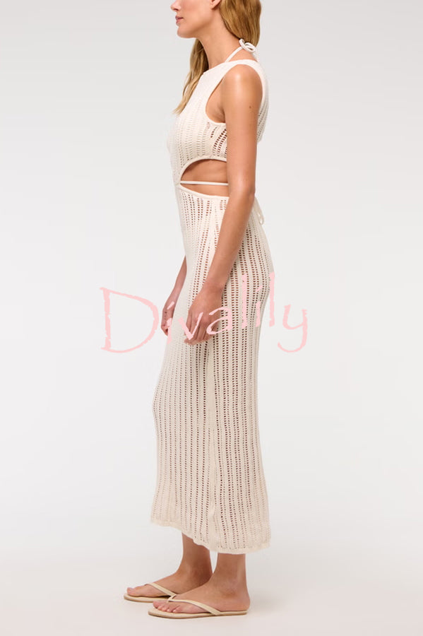 Beach Day Crochet Knit Cutout Waist Coverup Stretch Maxi Dress