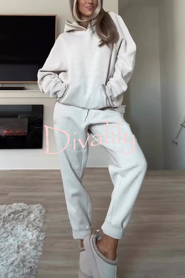 Tasman Braid Trim Kangaroo Pocket Hooded Sweatshirt and Elastic Waist Jogger Pants Set
