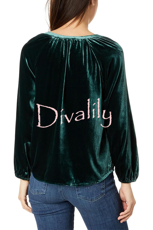 Solid Color Velvet V-neck Long-sleeved Shirt