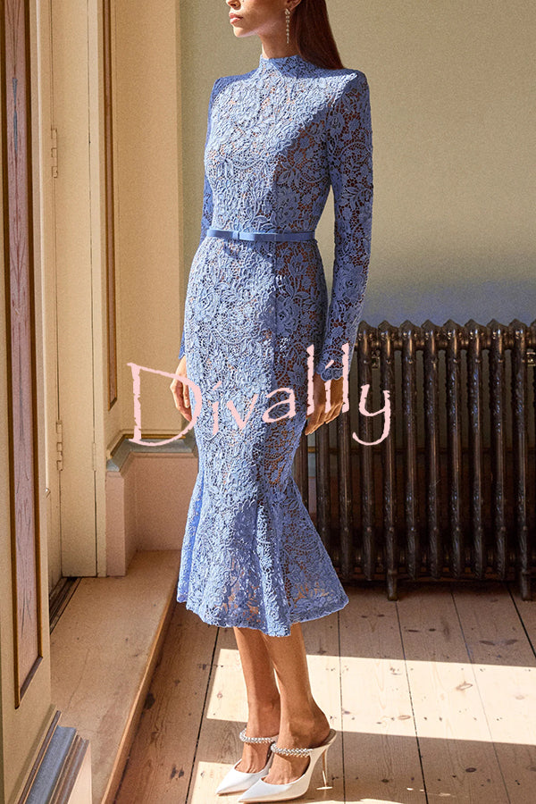 Feminine and Elegant Flower Lace Long Sleeve Bow Belted Flare Midi Dress