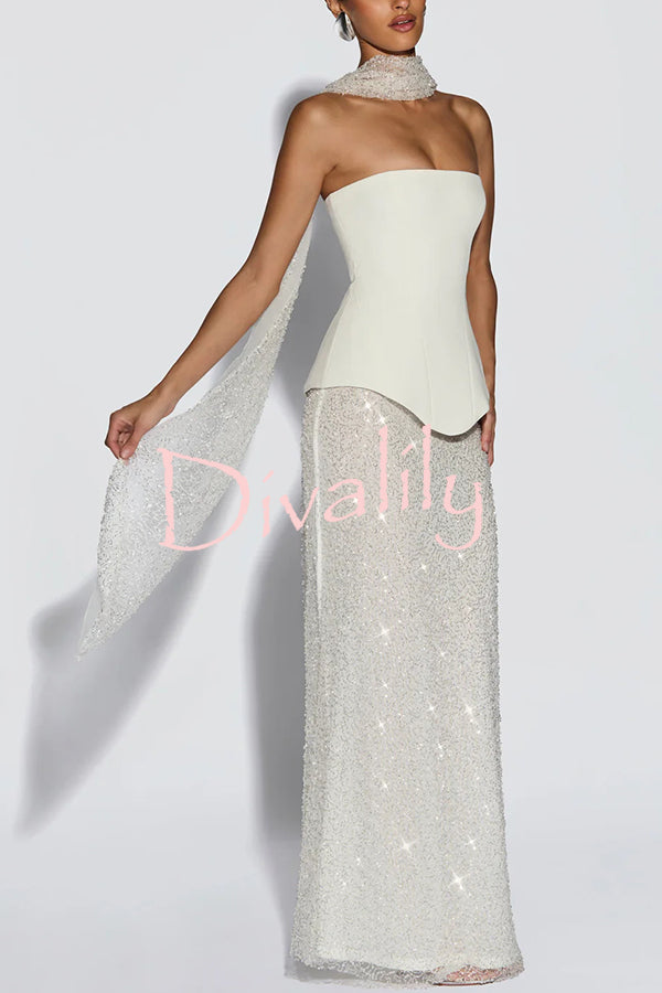 Oakley Corset Strapless Top and Sequin High Rise Maxi Skirt Scarf Set