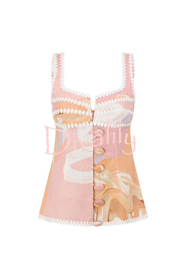 European Summer Linen Blend Ric Rac Trims Unique Print Button Tank