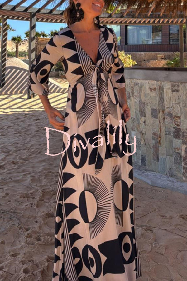 Unique Print V-Neck Tie Loose Pocket Casual Maxi Dress