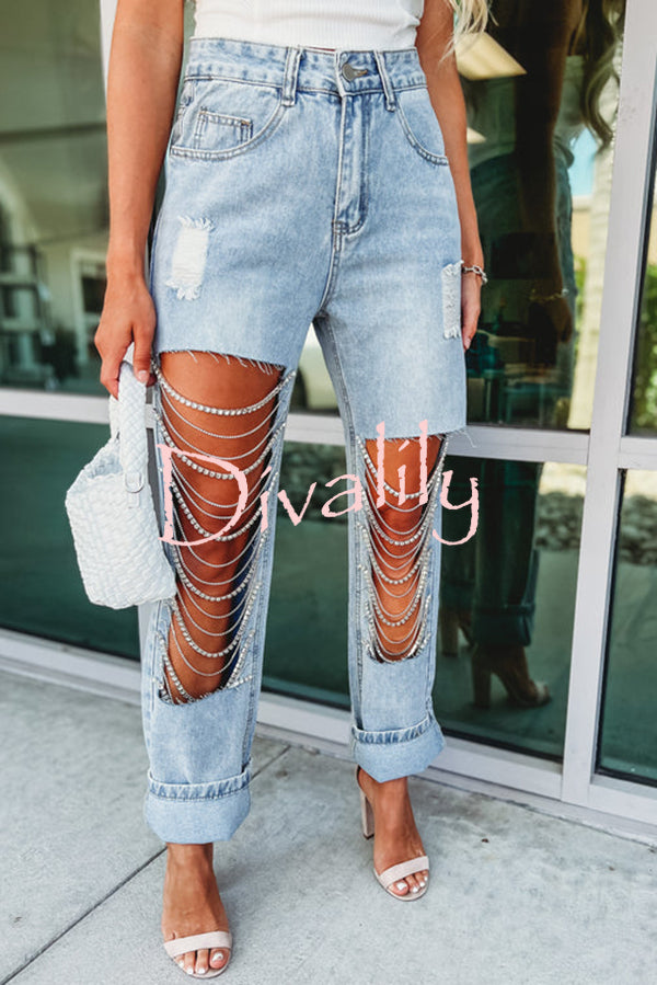 Casual Pocket Ripped Chain Embellished Straight Jeans