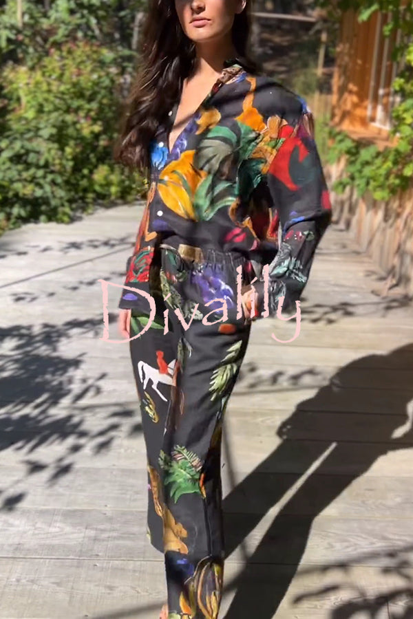 Unique Print Lapel Long Sleeve Loose Shirt and Elastic Waist Pocket Wide Leg Pants Set