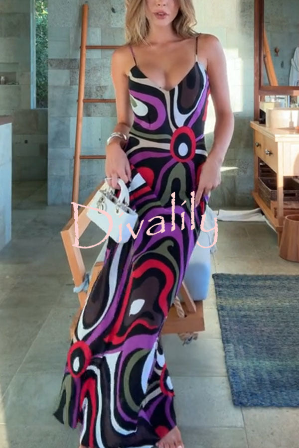 Love in Venice Unique Print V-neck Slit Slip Maxi Dress