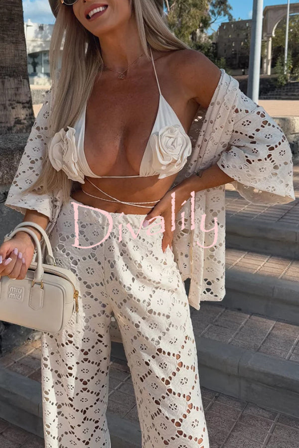 Holiday Crochet Flowers Lace Short Sleeve Shirt and Elastic Waist Wide Leg Pants Set