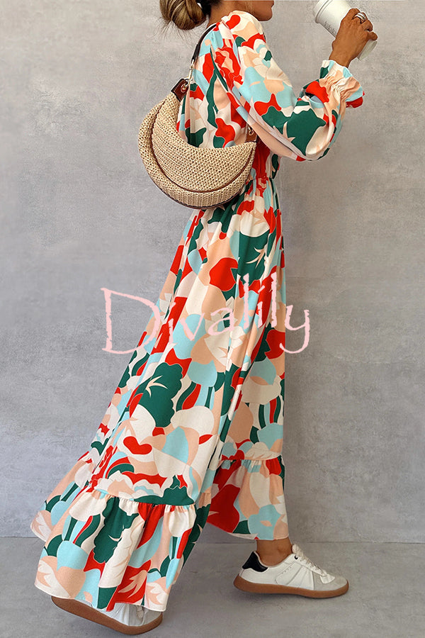 Colorful Printed V-neck Waist High Slit Ruffled Maxi Dress