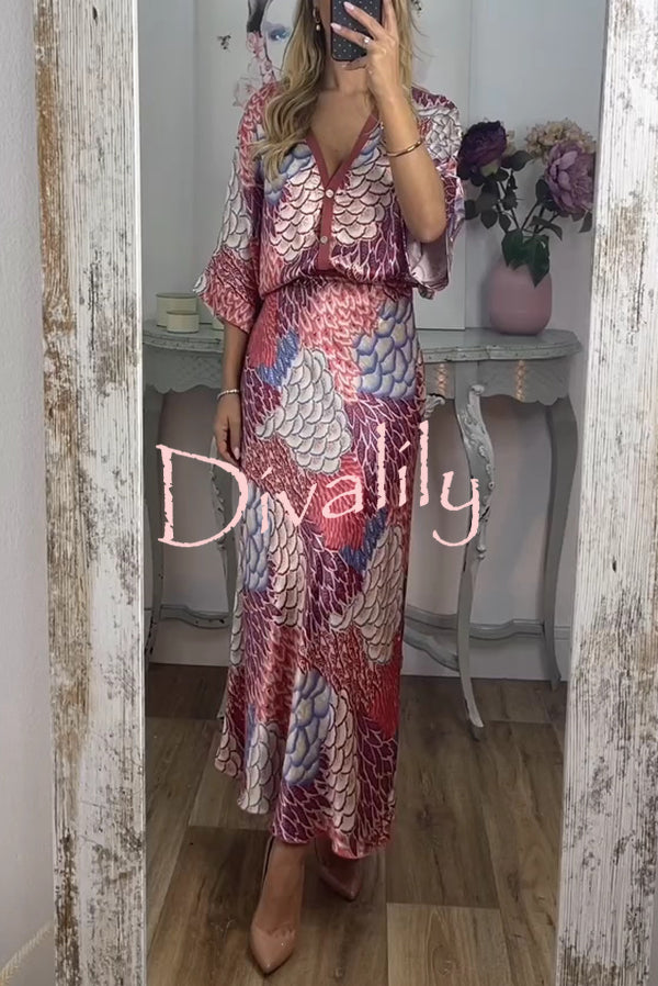 Satin Floral Print V-neck Half-sleeve Loose Top and Elegant Maxi Skirt Set