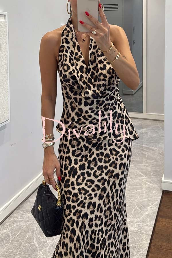 Wild Sexy Leopard Print Halter Cowl Neck Top and Elastic Waist Flare Maxi Skirt Set