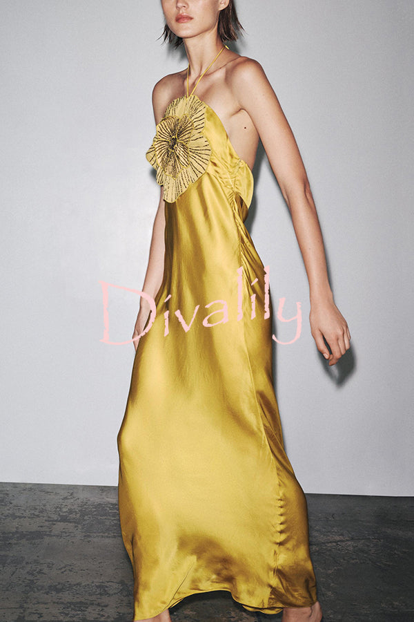 Fashionable Beaded Large Flower Decoration Halter Neck Backless Maxi Dress
