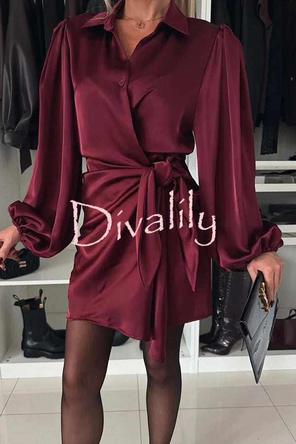 Solid Satin Long Sleeve Tie Waist Irregular Mini Dress