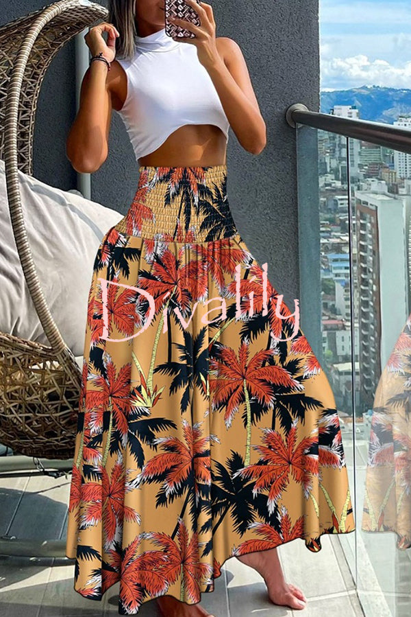 Unique Printed Pleated Elastic Waist Holiday Casual Maxi Skirt