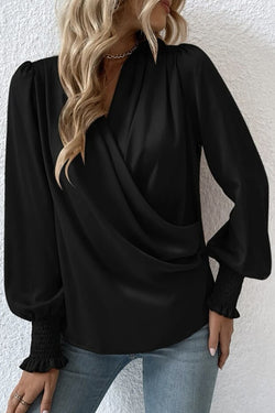 Satin Solid Color V-neck Lantern Sleeve Elegant Loose Shirt