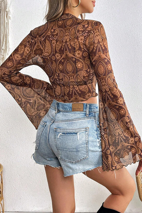 Unique Printed Mesh Trumpet Sleeve Slim Fit Top