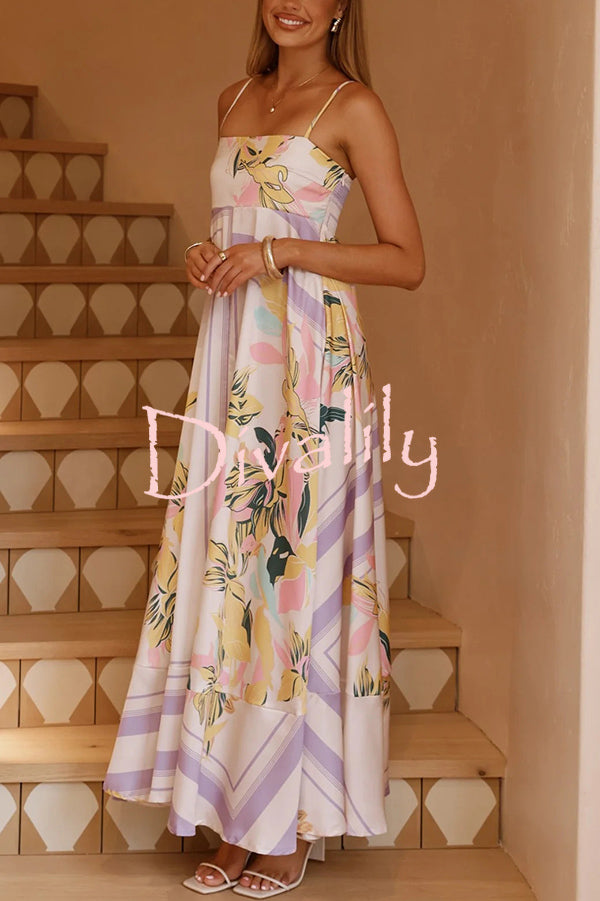 Botanical Print Square Neck Suspender Casual Full Hem Maxi Dress