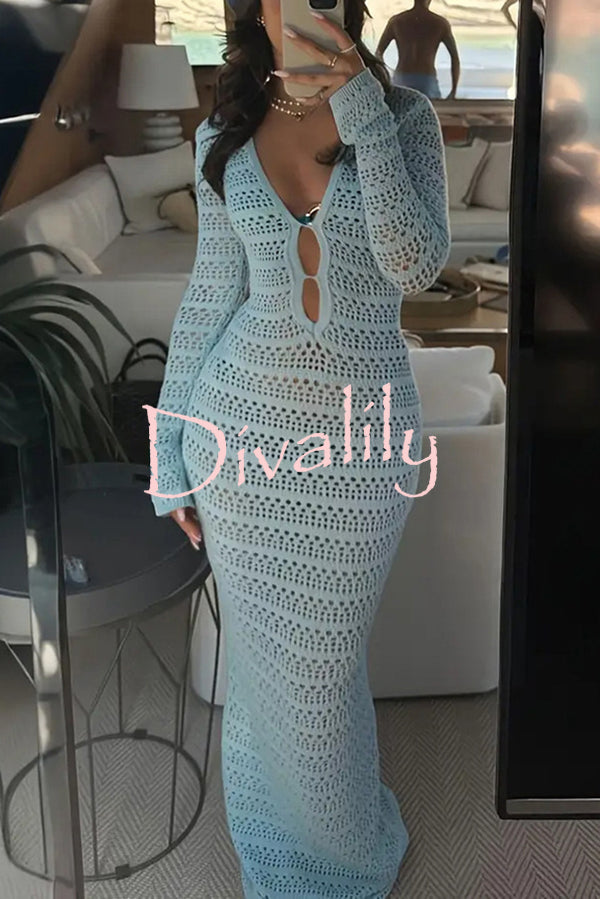 Solid Color Knit Hollow Long Sleeve Vacation Cover Up Maxi Dress