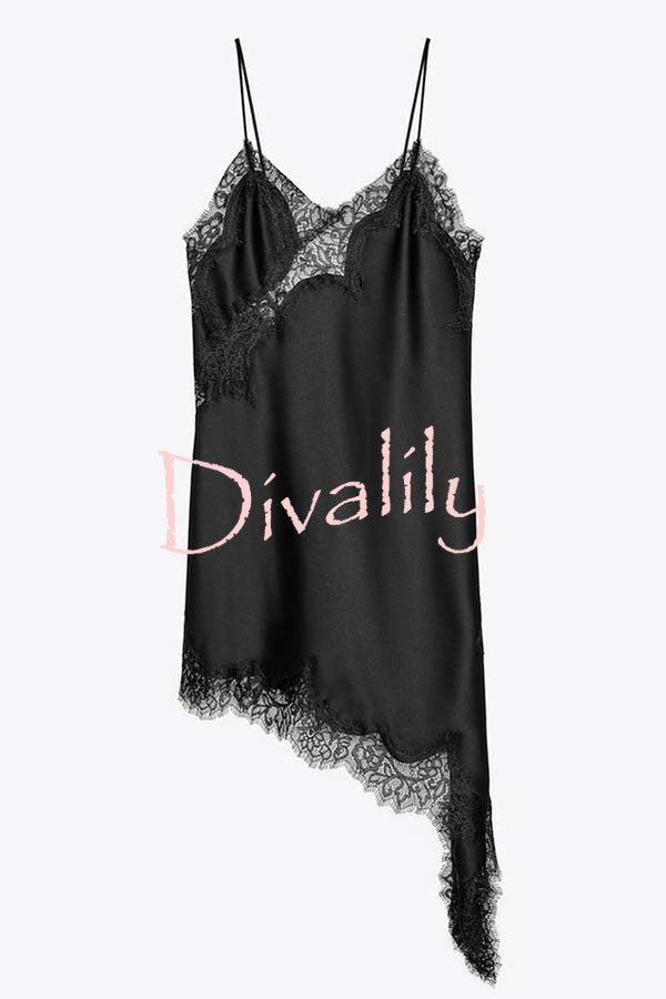 Elouise Satin Lace Trim V-neck Asymmetrical Hem Slip Mini Dress