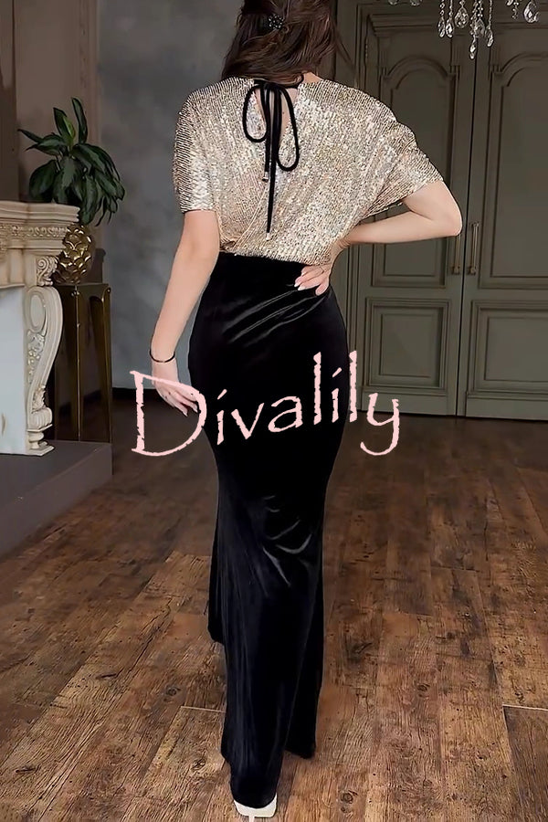 Elegant V-neck Sequined Velvet Stitching Sexy Slit Maxi Dress