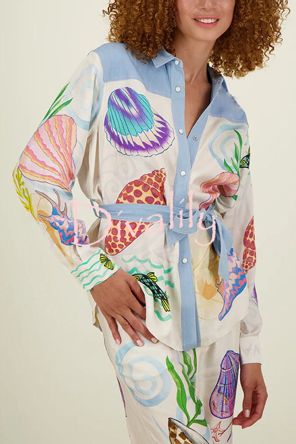 Magic Ocean Marine Elements Unique Print Patchwork Belted Loose Blouse