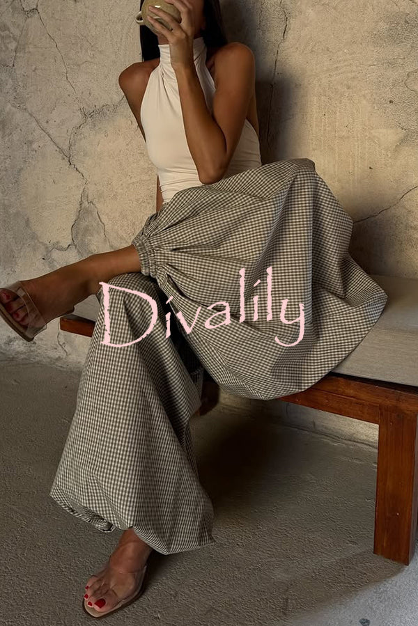 Fashion Plaid Print Elastic Waist Pocket Loose Wide-leg Pants
