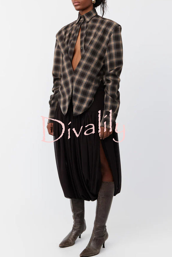 Vintage Plaid Shoulder Pad Buttons Long Sleeve Angled Hem Shirt