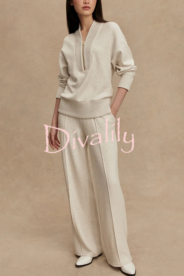 Meet The Autumn Ribbed Zipper Neck Sweatshirt and Elastic Waist Pocketed Loose Pants Set