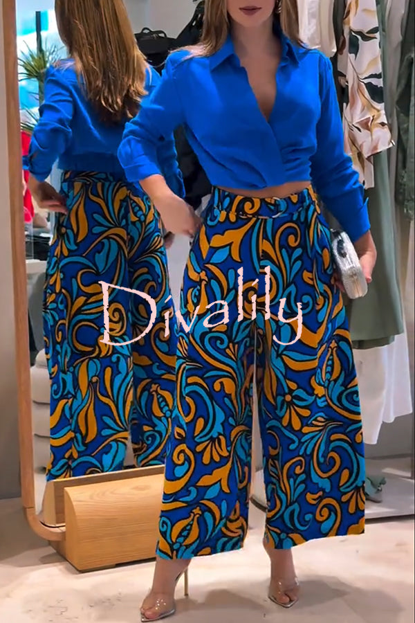 Ocean Heart Linen Blend Printed Ruched Hem Blouse and Belted High Rise Pocket Loose Pants Set