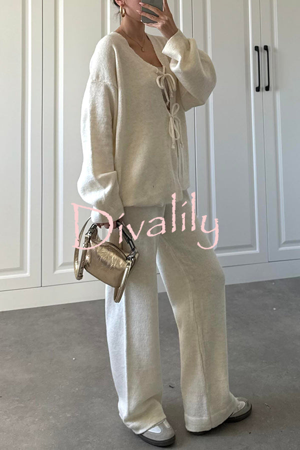 Solid Color V-neck Tie Long-sleeved Loose Knit Cardigan and Elastic Waist Casual Straight Leg Pants Set